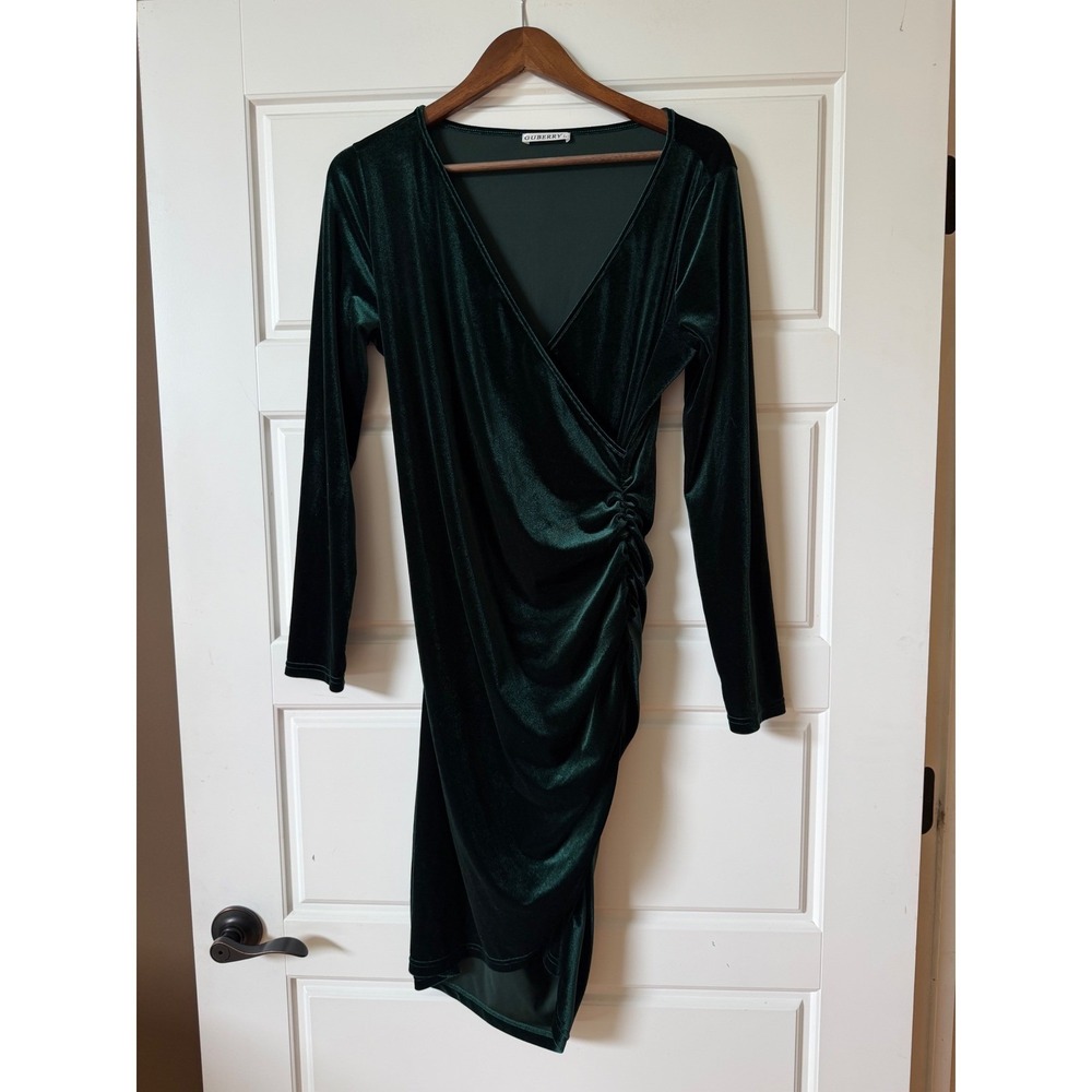 Guberry Green Velvet Dress Ruched Long Sleeve Large‎ Y2K Party Cocktail